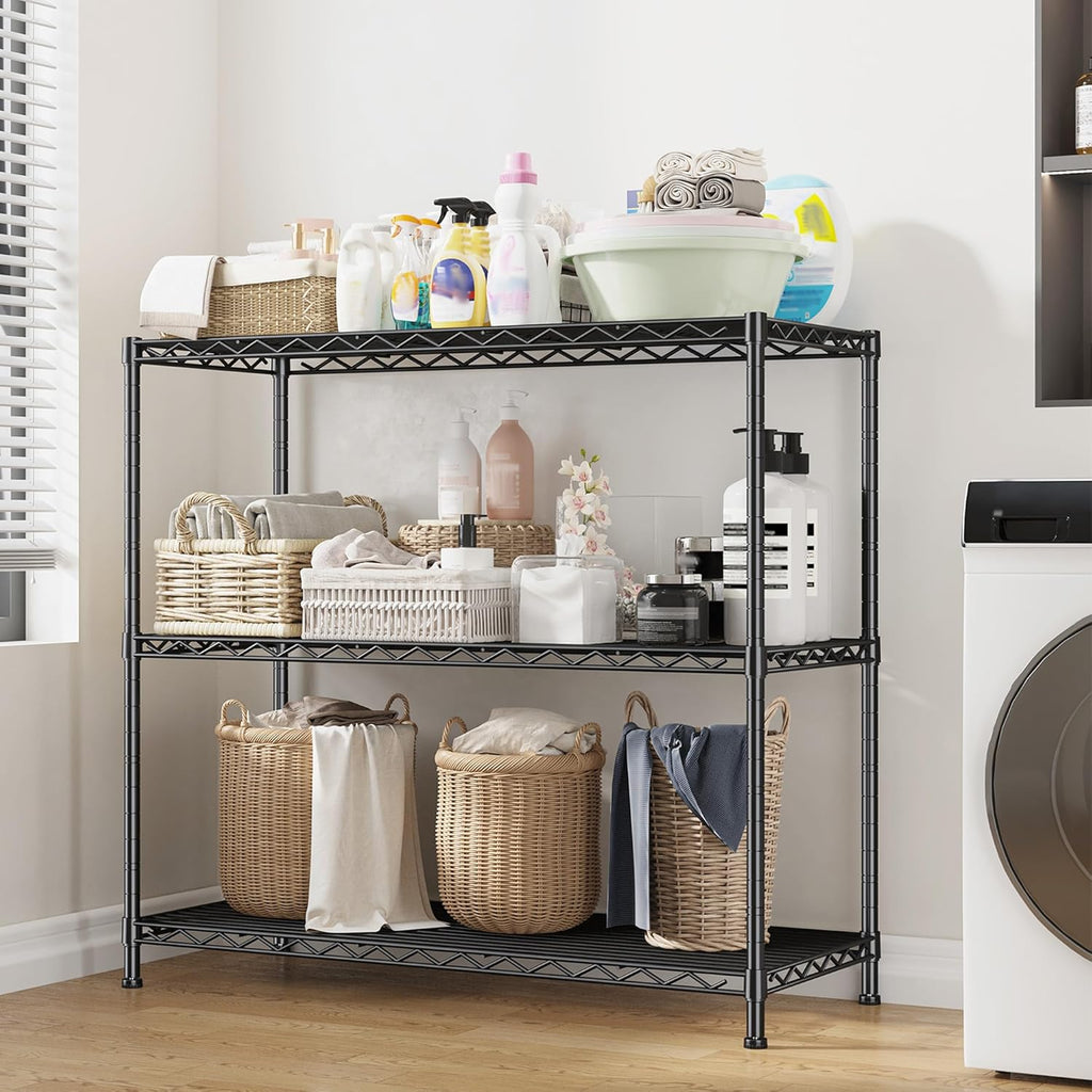 3- Shelf Metal Shelving Unit 35.6Wx14Dx36H Adjustable Storage Shelves Heavy Duty Garage Shelving Steel Wire Shelving for Laundry Bathroom Kitchen Pantry Closet Garage Black