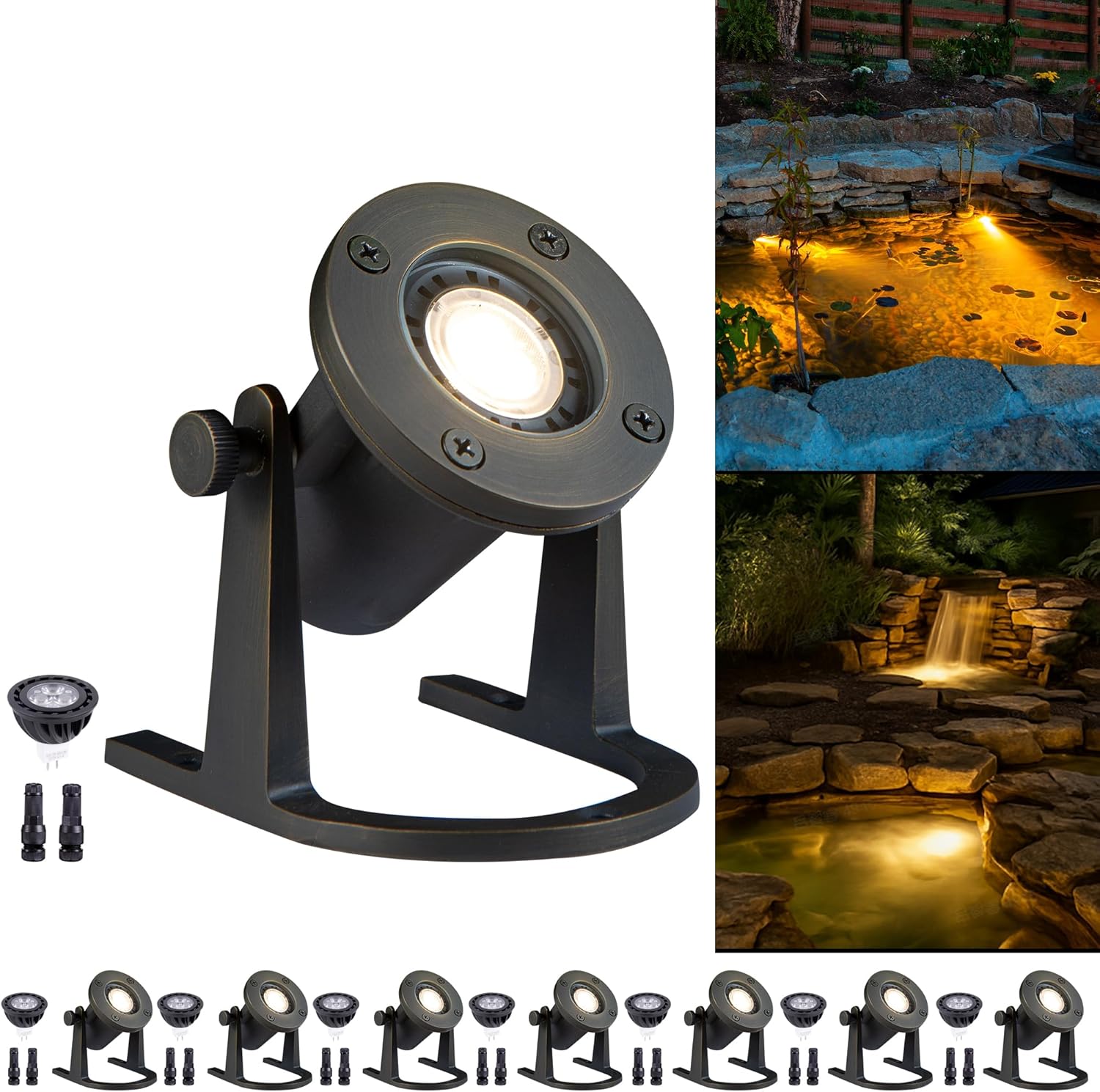 Bronze Pond Light - 12V Low Voltage Solid Brass Submersible Pondlight, IP68 Waterproof Fixture with 3000K MR16 LED Bulb for Outdoor Garden, Landscape, Waterfall, Fountain Lighting(8 Pack)