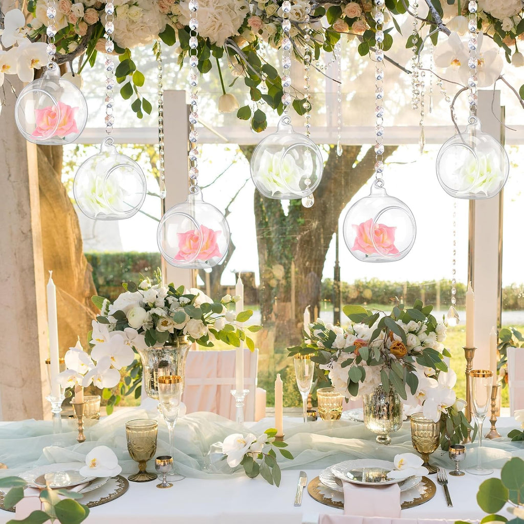 12 Sets Hanging Glass Candle Holder Wedding Glass Globe with Acrylic Gems Bead Garland Tea Light Holder Orbs Container for Flower Plants Micro Landscape DIY Xmas Tree Party Decoration 2.36 Inch