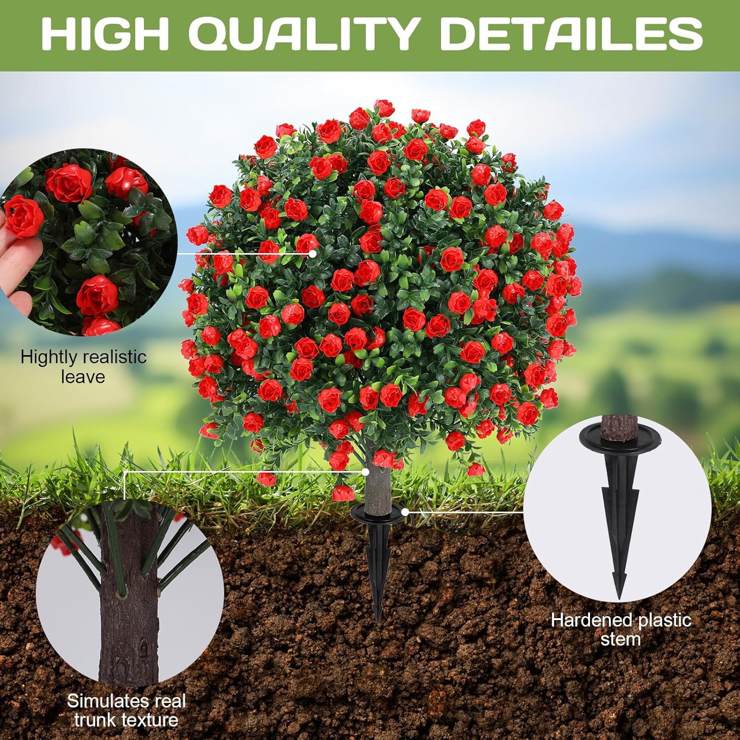 Artificial Red Rose Topiary Ball Tree 25" with Ground Spike, Set of 2 Artificial Boxwood Bushes for Faux Shrubs, Fake Evergreen Faux Plant for Indoor Outdoor Porch Garden -UV Resistant–Fade-Proof