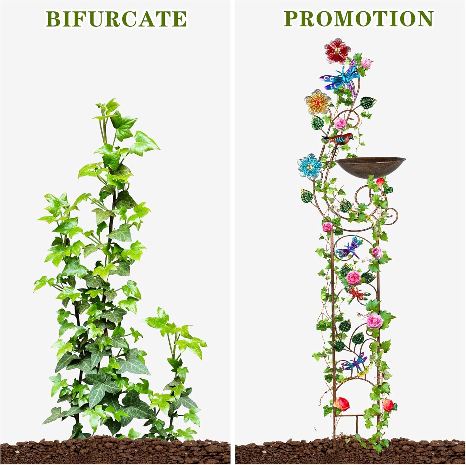 57” Bird Bath with Garden Trellis for Climbing Plants Outdoor, Small Decorative Metal Birdbath Bird Baths, Dragonfly (Dragonfly)