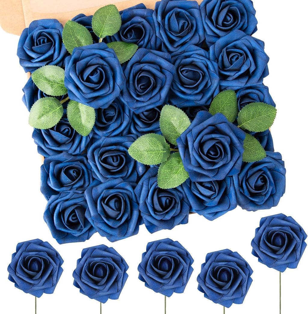 N&T NIETING Artificial Flowers Navy Blue Roses 50Pcs Fake Flowers Foam Roses with Stems for DIY Wedding Bridesmaid Bridal Bouquets Centerpieces Party Home Decoration Baby Shower