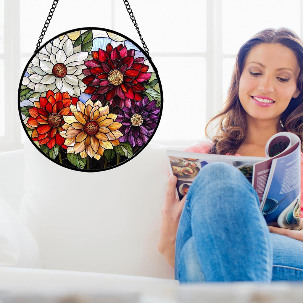 Stained Glass Window Hanging, Colorful Flowers Sun Catcher for Window Door Home Decor Plant Suncatcher Christmas Mother's Day Birthday Gifts for Women Men Mom and Nana 6.3 in