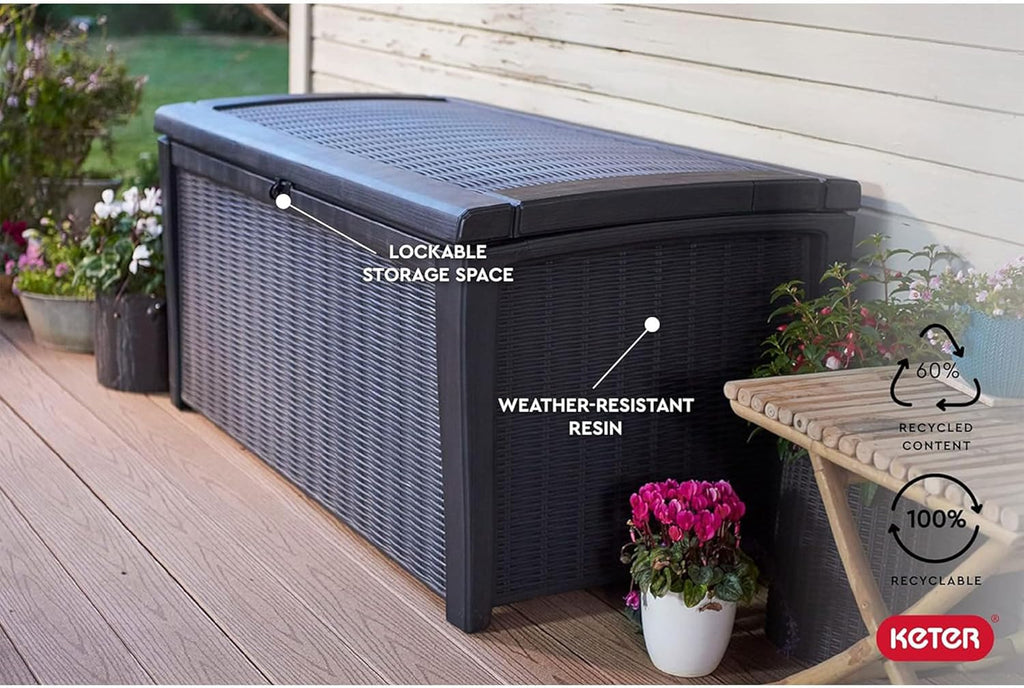 Keter Outdoor Storage Deck Box for Patio, Backyard & Garden, Borneo, 110 Gal, Grey - Lockable, Organizing, and Waterproof Plastic Container Bench