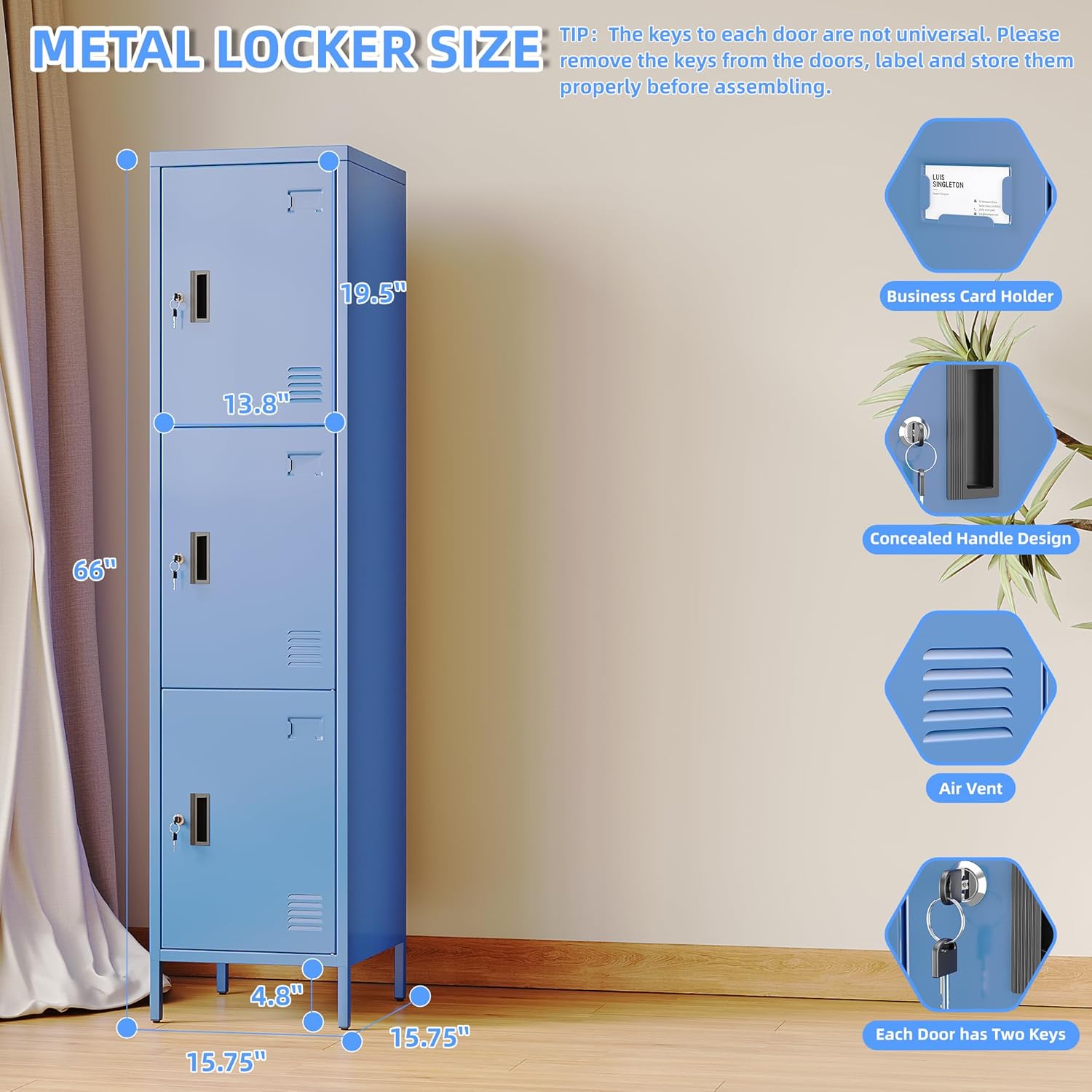 METAN Metal Storage Employees Lockers with 3 Lockable Doors and Hooks,66''H*16''W*16''D Locking Storage Cabinets for Small Spaces,Home,School,Gym,Assembly Required,Blue