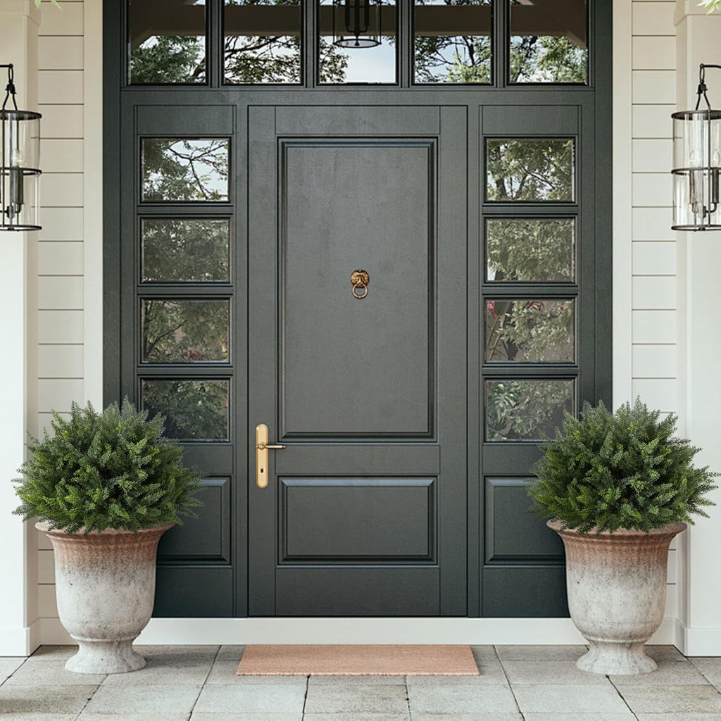 23.6Inch Artificial Cedar Topiary, 2 Pack UV Resistant Faux Evergreen Shrubs with Ground Spikes, Indoor Outdoor Potted Plants for Porch, Garden, Front Door Decor