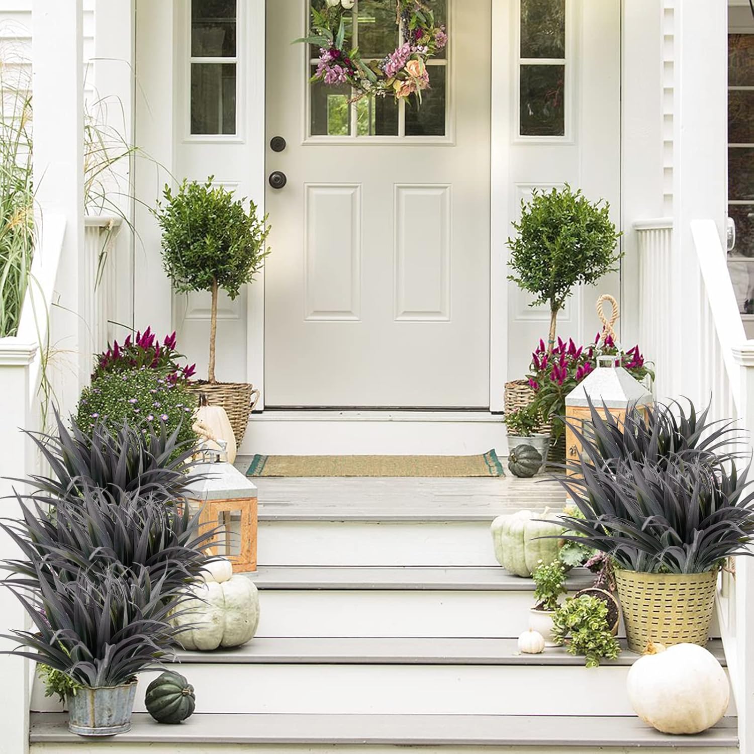 16Pcs Artificial Grass Fake Plants 17.3in Outdoor Plants UV Resistant Faux Greenery Stems Fake Grass for Home Window Garden Office Patio Pathway Front Porch Décor Green & Black