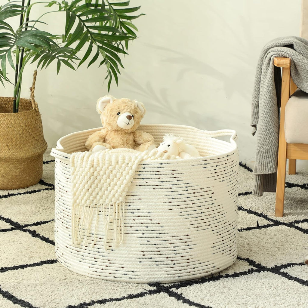 KAKAMAY Large Blanket Basket (20"x13"),Woven Baskets for storage Baby Laundry Hamper，Cotton Rope Blanket Basket for Living Room, Laundry, Nursery, Pillows, Off White with Blue & Brown Dotted Pattern
