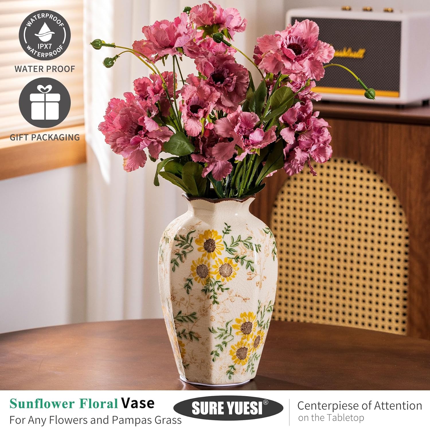 Hand-Painted Sunflower Vintage Ceramic Octagonal Vase, Green Yellow Beige Flower Vases for Bouquet, Fireplace Mantle, Table Centerpieces, Bookshelf, Office, Chinoiserie Floral Home Decorations 9.1 in