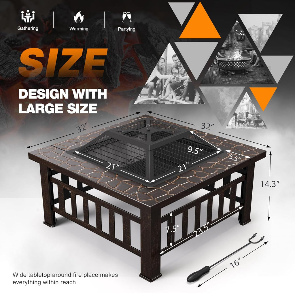Devoko Outdoor Fire Pit, 32 Inch Firepit Table Metal Outdoor Fireplaces with Waterproof Cover for Outside Patio Camping (Copper)