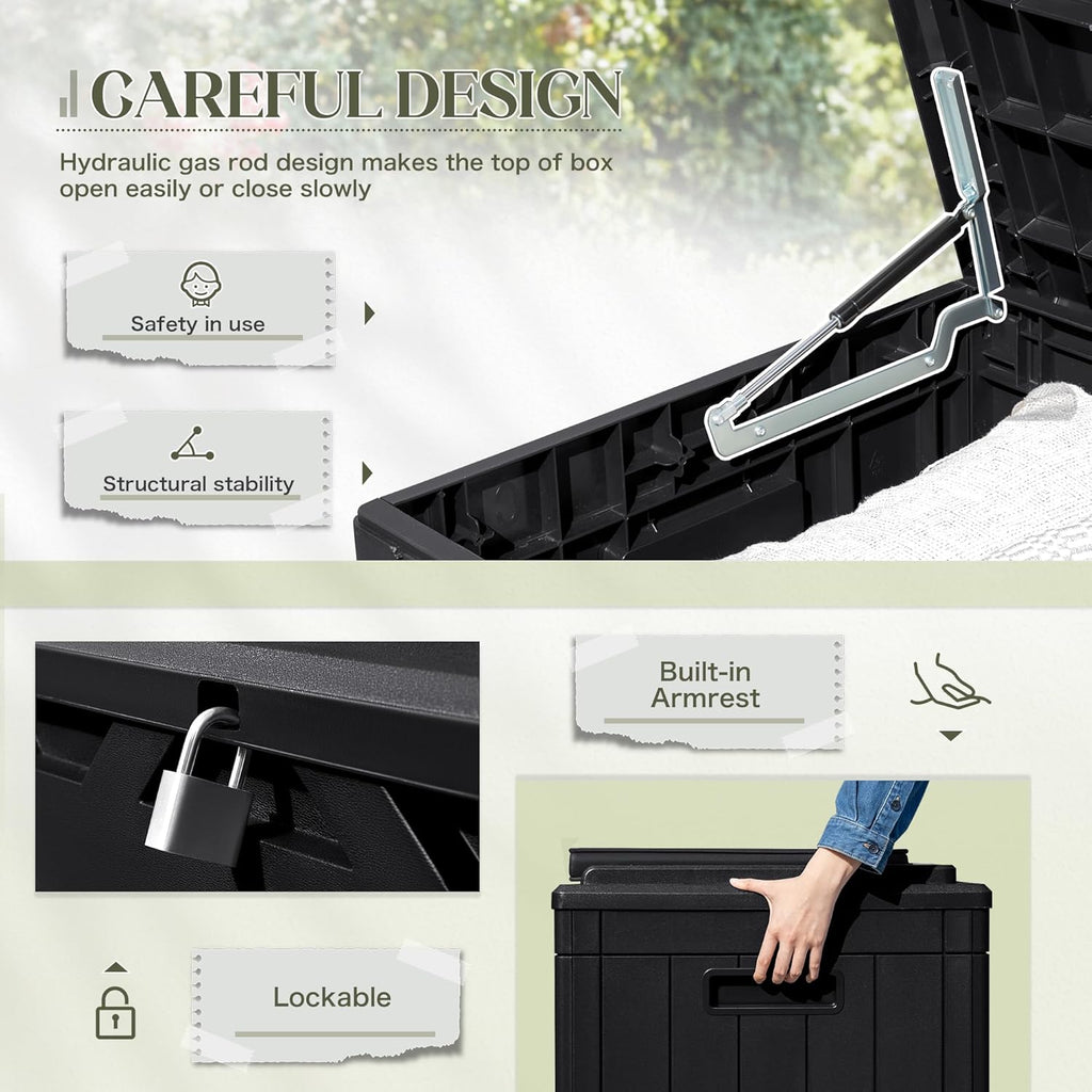 Greesum 100 Gallon Resin Deck Box Large Outdoor Storage with Cushions for Patio Furniture, Garden Tools, Pool Supplies, Weatherproof and UV Resistant, Lockable, Black