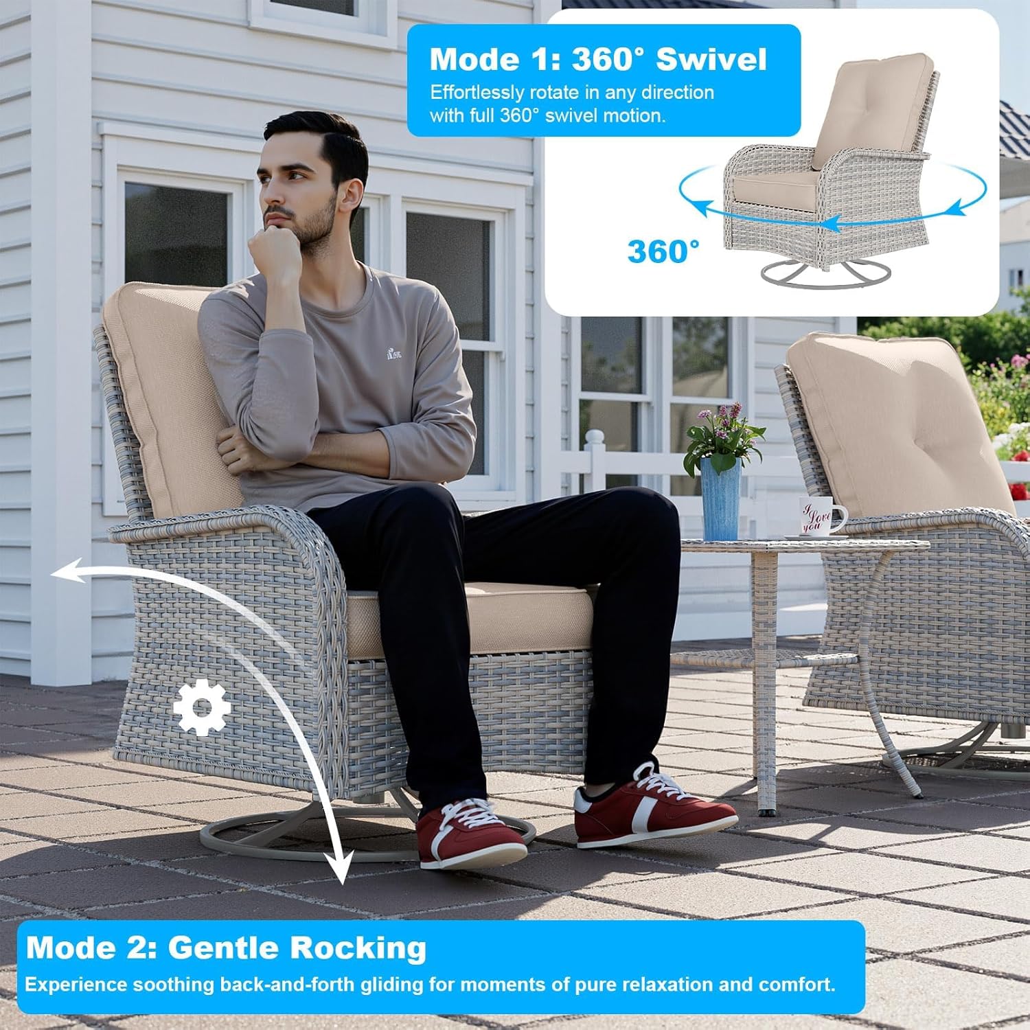 10-Piece Patio Furniture Set, Outdoor Patio Furniture with Swivel Chairs Set, Thick Cushions, Modular Patio Sofa, Dual-Strand Wicker Rattan, Rust-Resistant Frame, Sand