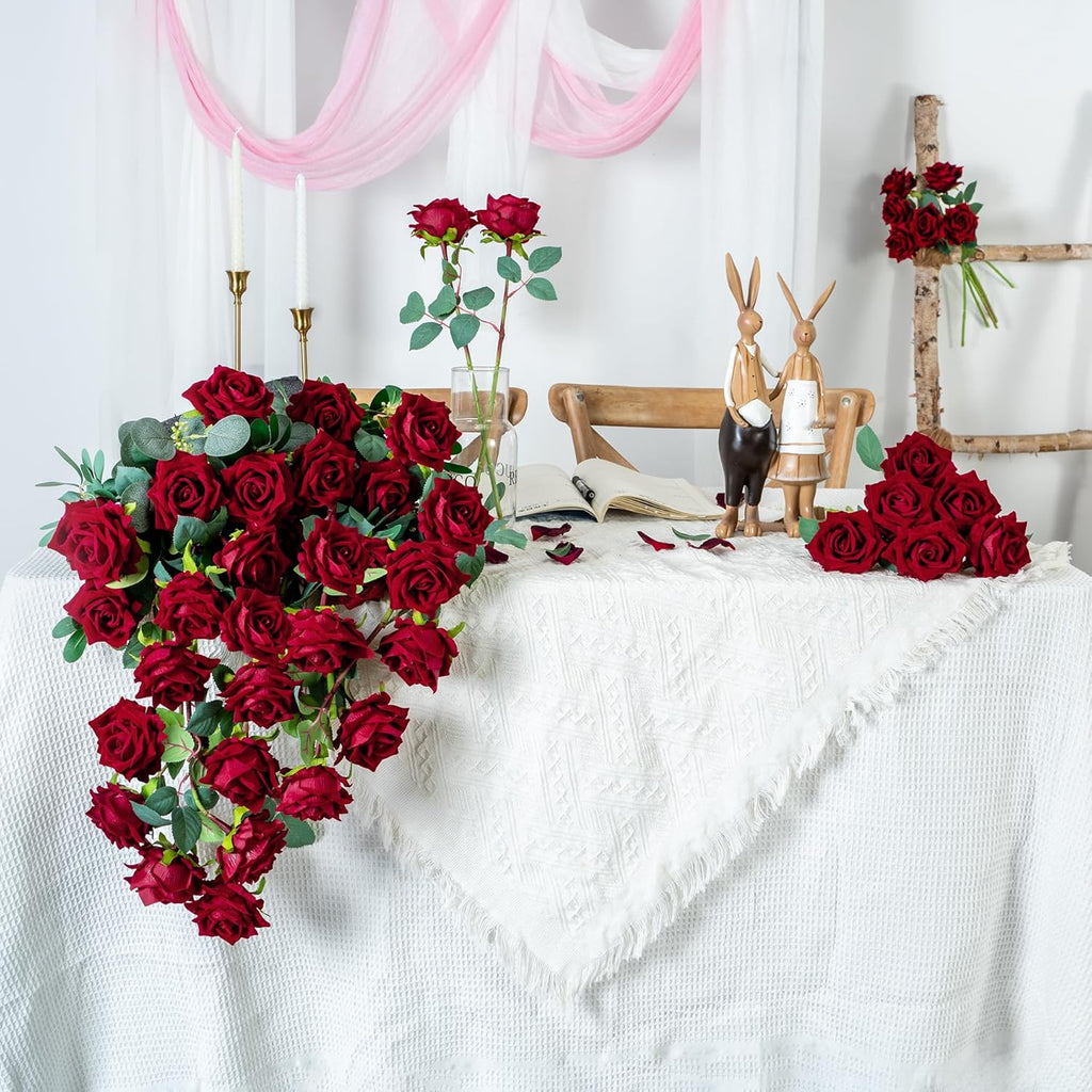 Fake Roses Faux Flowers Silk Roses Artificial Roses with Stems Realistic Artificial Flowers Suitable for Indoor Home Decoration DIY Bouquet Wedding Decor Party Decor 16.5In (24PCS, Red)