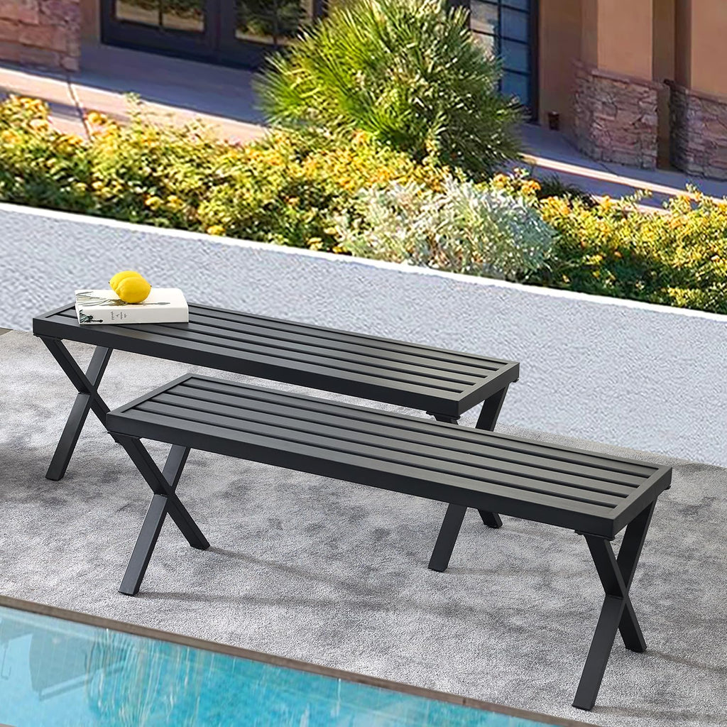 Black Outdoor Bench Set of 2, 46" Outdoor Metal Backless Bench for Outdoor, Patio Garden Bench, All Weather Outdoor Bench with cors for Garden, Backyard, Porch, Black