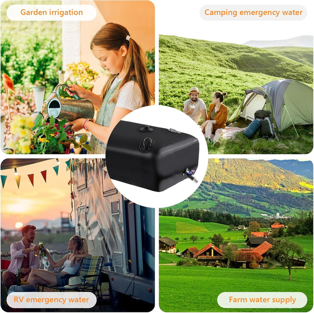 Portable Water Tank, 105 Gallon Foldable PVC Rectangular Black Water Storage Bladder with 3/4" Spigot and Hose Kit for Camping, Garden, Emergency Use