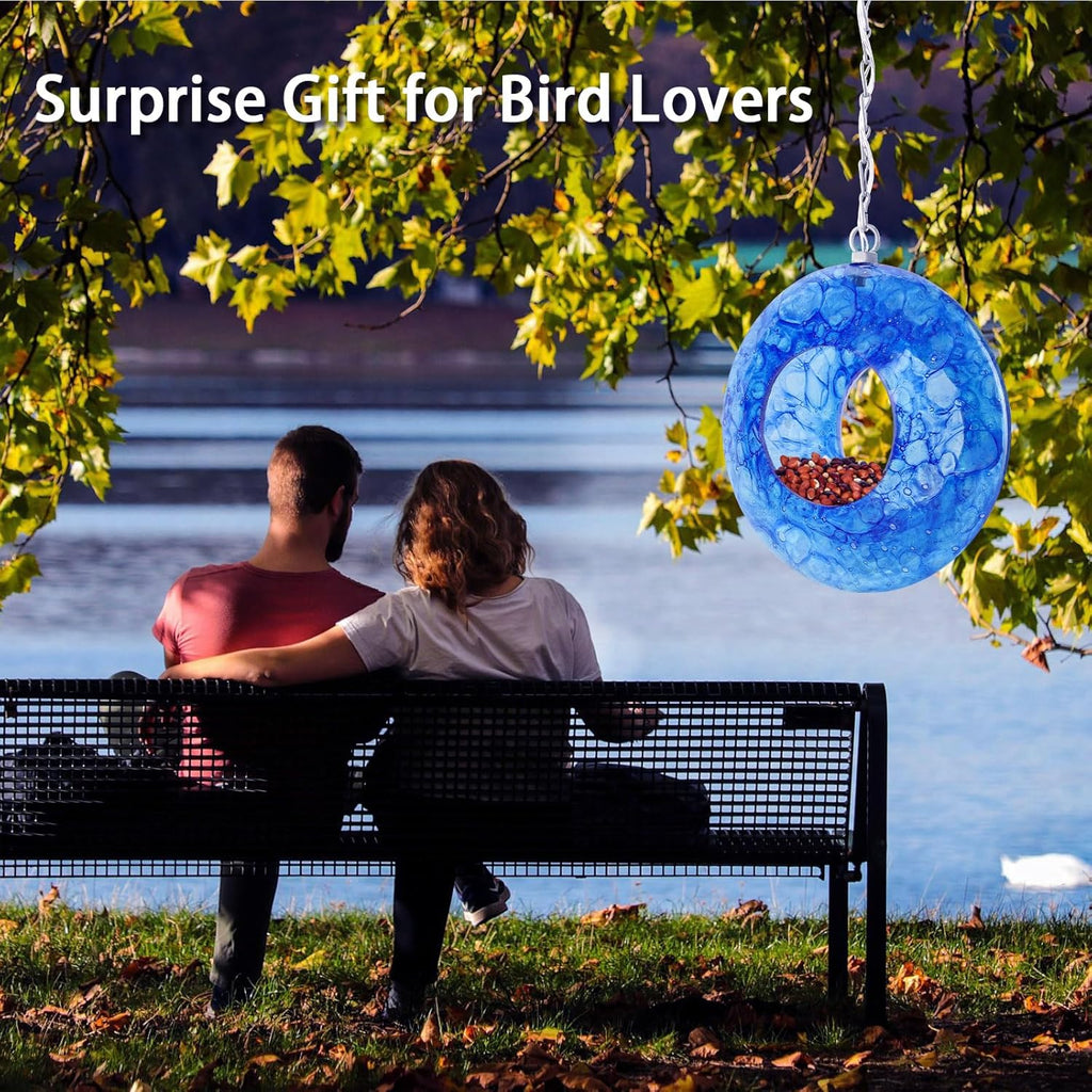 Yinns Mosaic Bird Feeders for Outside Hanging Fly Through Bird Feeder with Round Shape Solar Birdfeeder for Yard Garden Decor Bird Lvoers Gifts, 8-Inch Bule