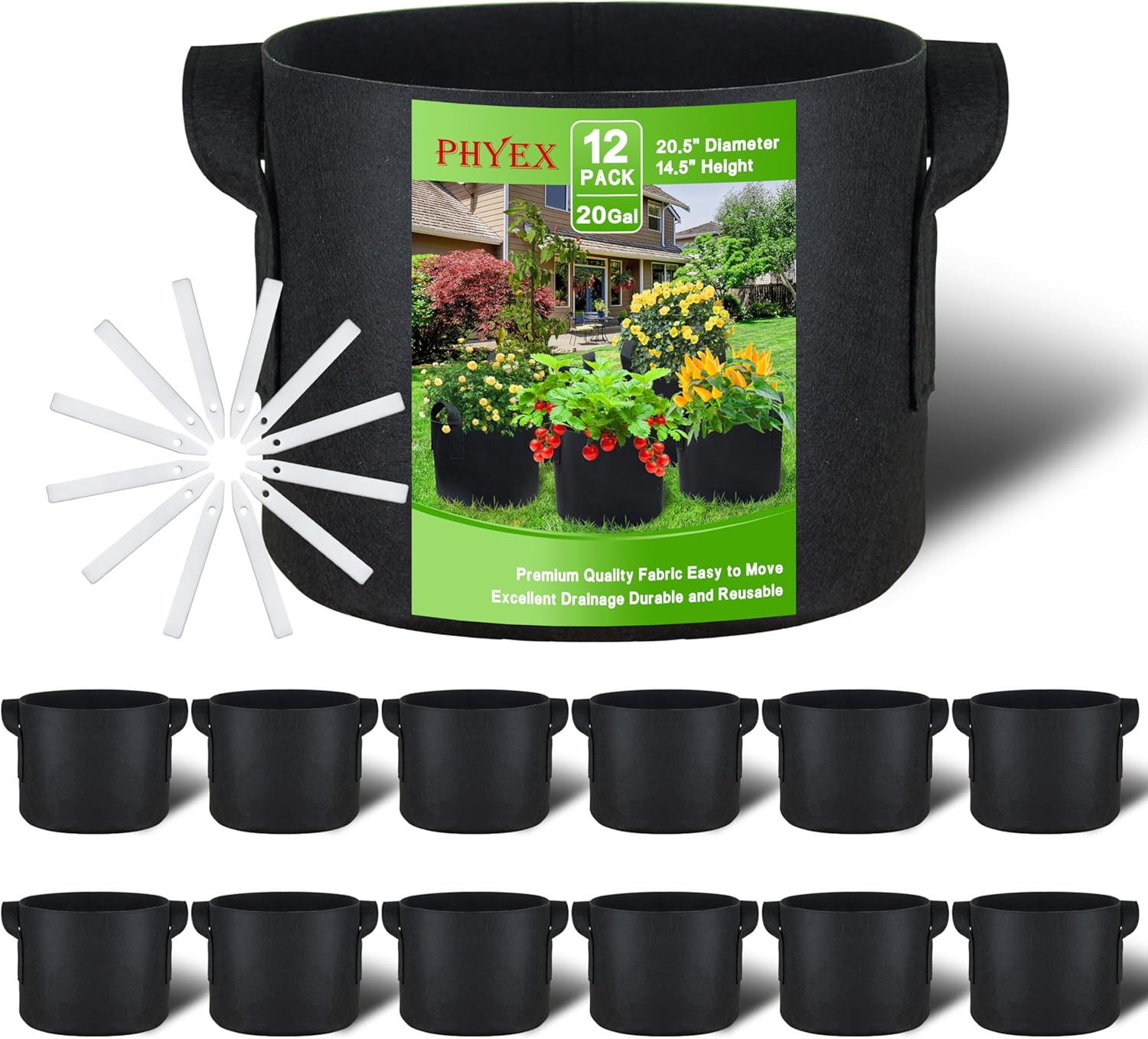 PHYEX 12-Pack 20 Gallon Grow Bags, Heavy Duty Fabric Pots with Handles, Reusable Plant Bags for Vegetable, Herbs & Flowers, BPA-Free, Breathable, Durable