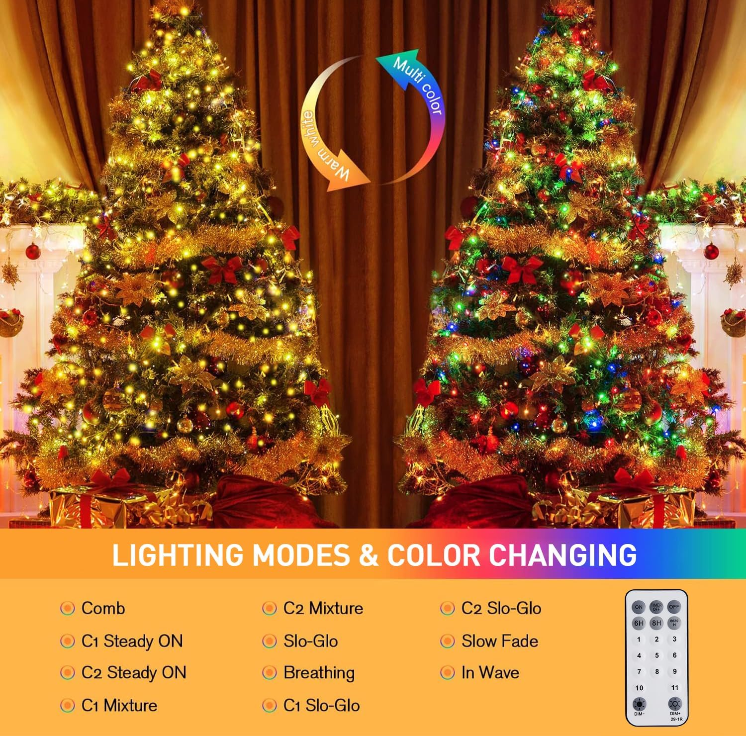 JMEXSUSS 33ft 100 LED Color Changing String Lights Plug in, Warm White & Multicolor Christmas Tree Lights Indoor, Christmas String Lights Outdoor Waterproof for Xmas Indoor Decor