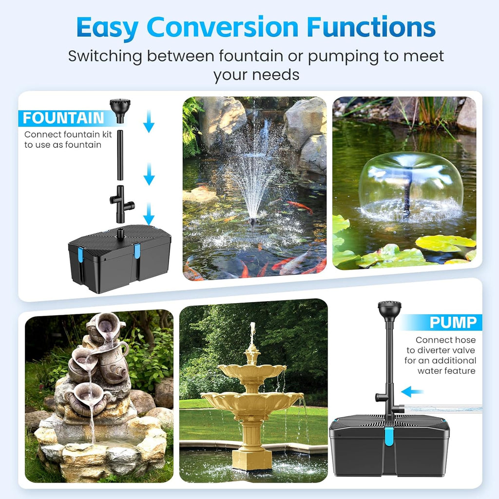 Pond Filters for Outdoor Ponds, 820 GPH Pond Filter with Fountain Pump Kits, 60W Pond Pump and Filter Kit for Koi Pond Clean, Garden Fountains, Waterfall