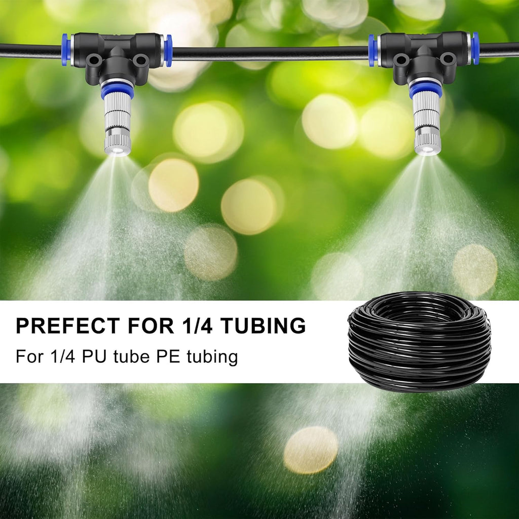 Mornajina 30 Pcs Brass Misting Nozzles Mister Replacement Nozzles with Filter Mesh & 1/4" Water Misting Nozzle Tees Kit, 0.012"/0.3mm Orifice Misting System Heads Sprayer for Outdoor Cooling System