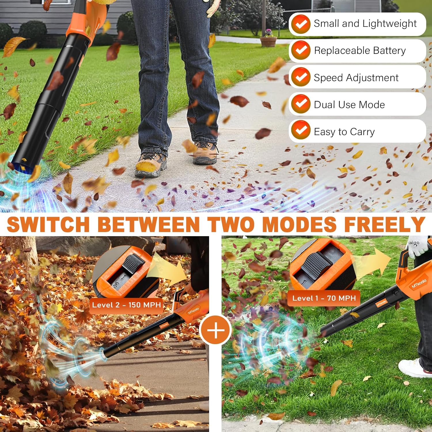 2025 Upgrade Leaf Blower, Leaf Blower Cordless with 2 * 2.6AH Batteries and Fast Charger, 450CFM &150MPH and 2 Speed Mode, Lightweight Electric Leaf Blowers for Lawn,Yard, Leaves, Dust,Snow Care