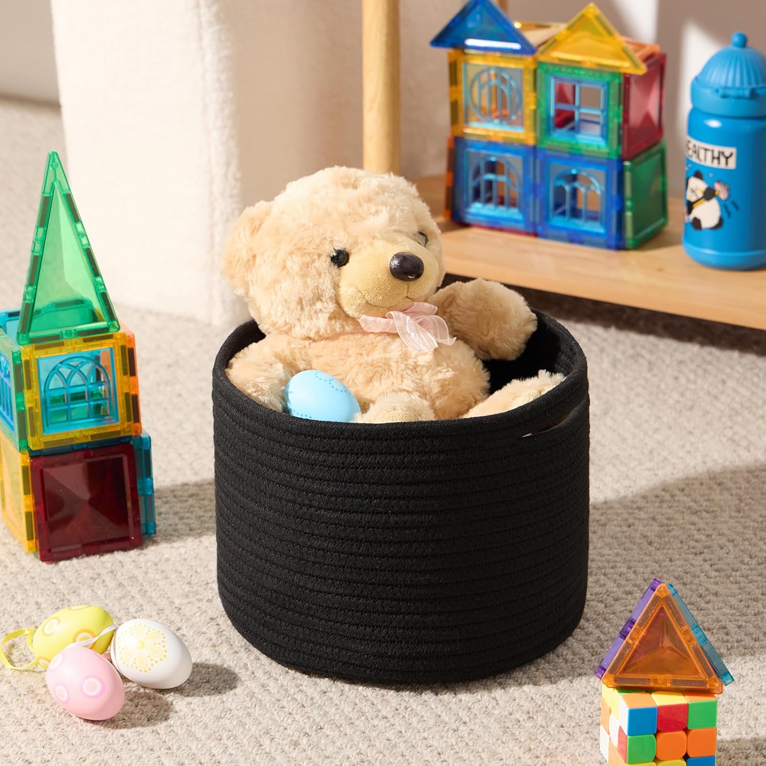 Small Basket for Organizing | Cube Shelf Closet Storage Baskets | 9.7×9.7×7.1” | Woven Rope Gift Basket | Nursery | Round 3 Packs Black