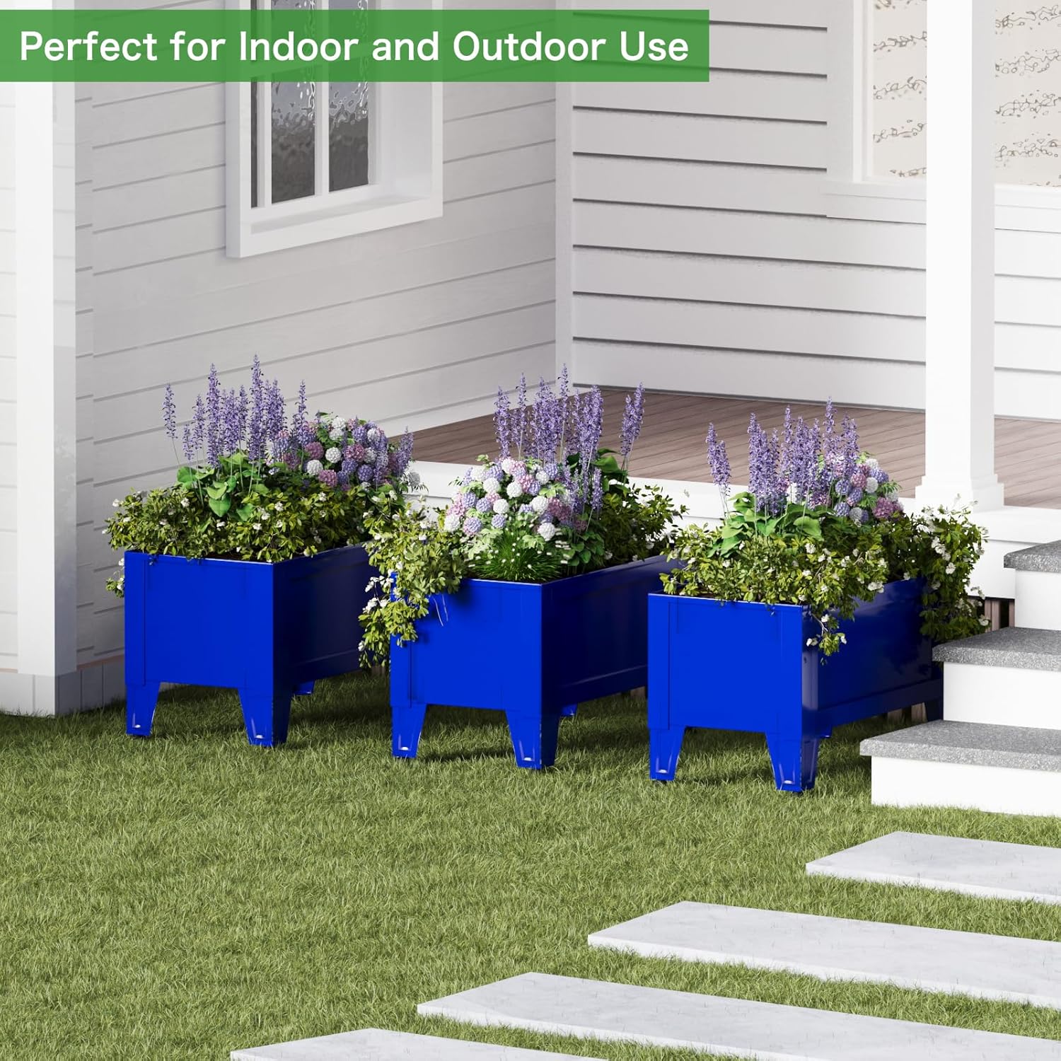 Raised Garden Bed with Low Profile Design Metal Planter Box for Growing Fresh Herbs Vegetables Flowers Succulents&Other Plants for Outdoor Backyard Patio Deck Balcony Blue