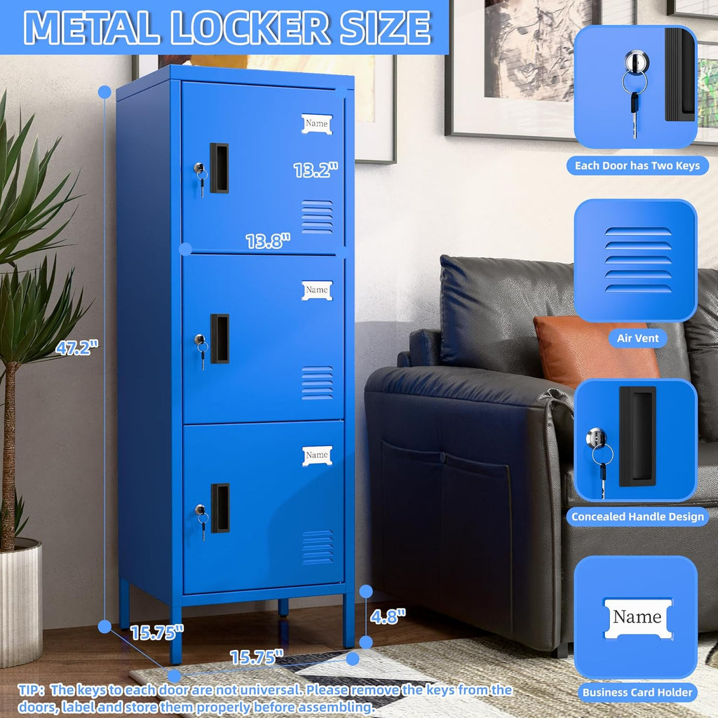 METAN Metal Storage Employees Locker with 3 Lockable Doors,47''H*16''W*16''D Locking Storage Cabinets for Small Spaces,Home,School,Gym,Assembly Required,Blue
