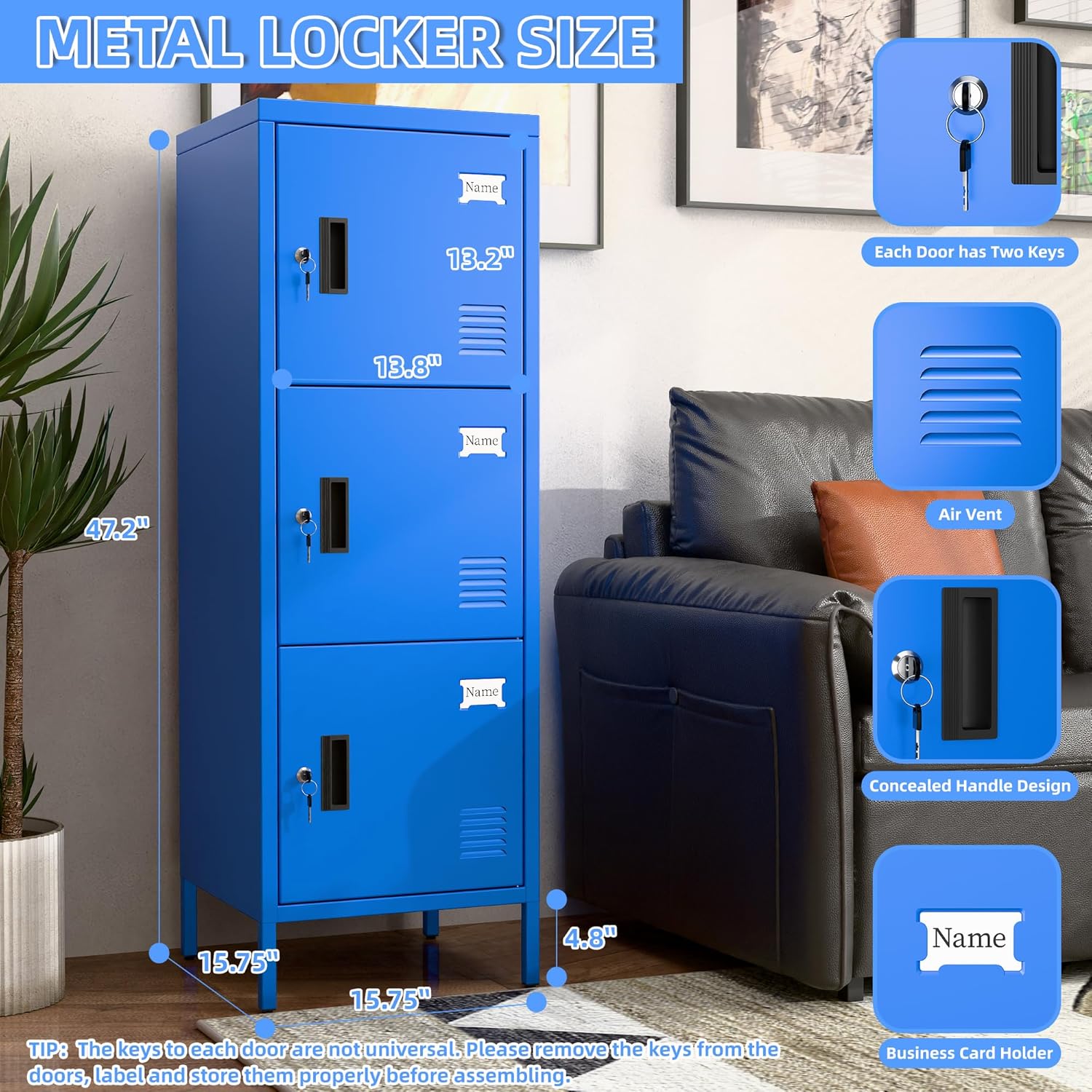METAN Metal Storage Employees Locker with 3 Lockable Doors,47''H*16''W*16''D Locking Storage Cabinets for Small Spaces,Home,School,Gym,Assembly Required,Blue