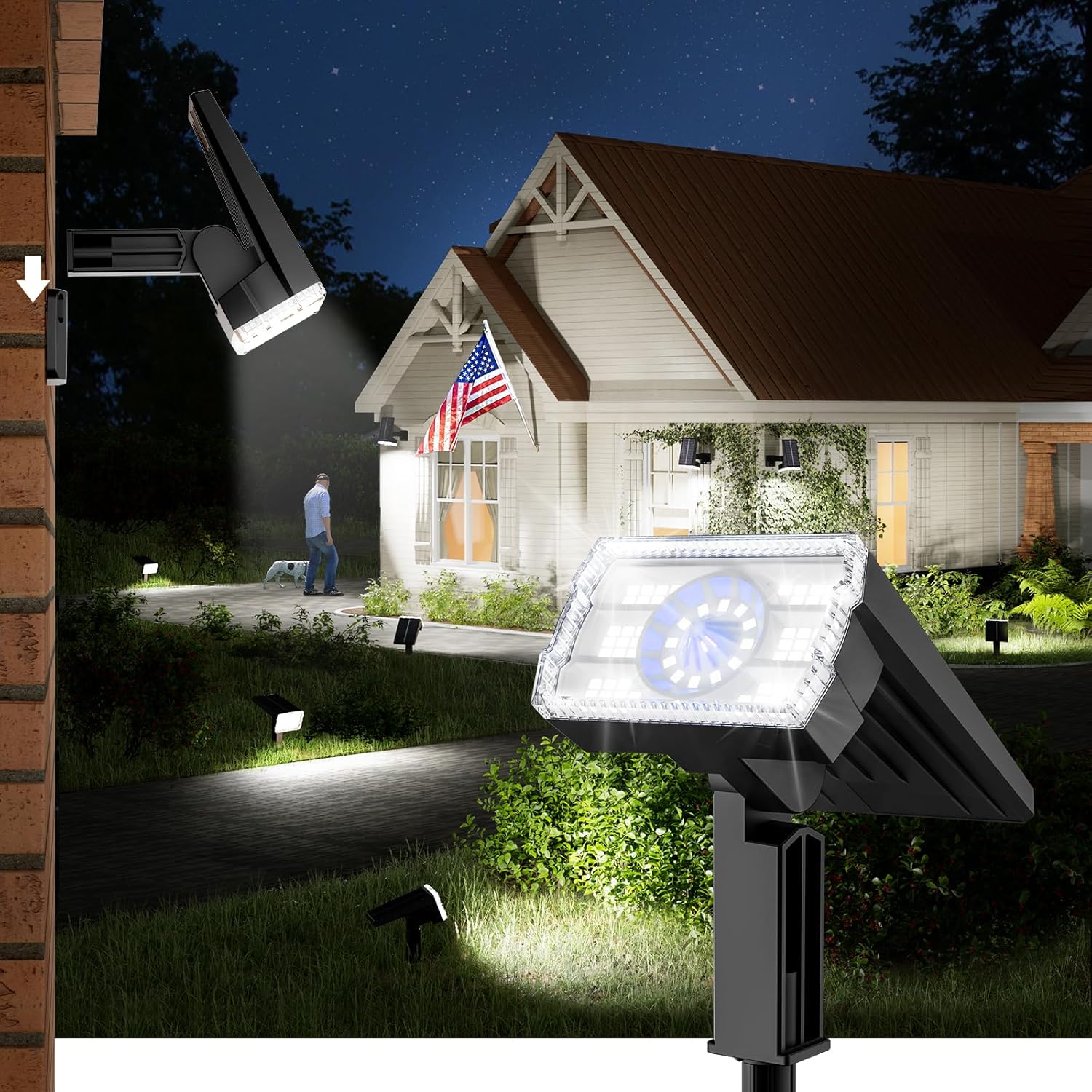 Bright Solar Spot Lights Outdoor, [58 LED/12000K/3 Modes] Solar Lights Outdoor Waterproof IP67, Auto On/Off, 2-in-1 Wall Light Flood Light for Tree Yard Garden Pathway, 2 Pack