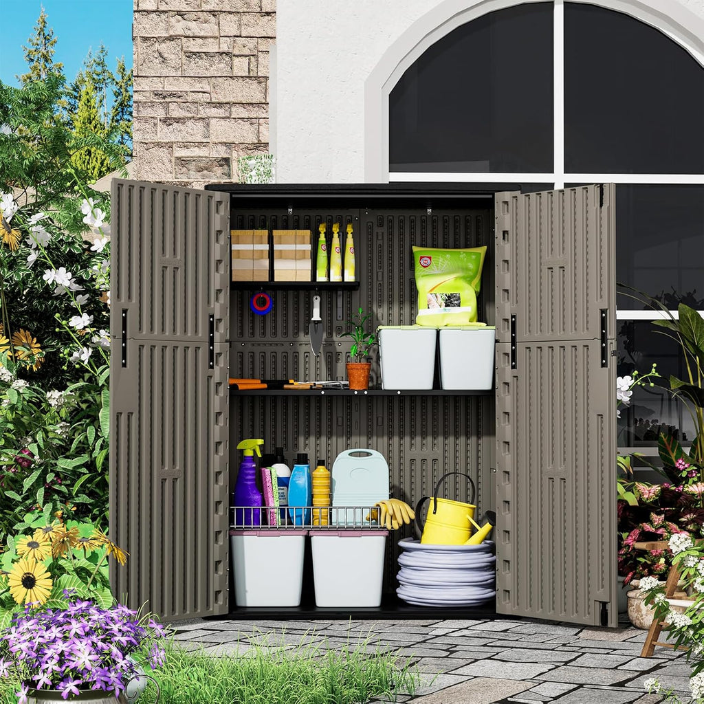 HOMSPARK 47 Cu.Ft Outdoor Storage Shed Weather Resistant, Multi Functional | Double-Wall Resin Storage Sheds & Outdoor Storage Box Waterproof for Backyard Garden Patio Lawn (Brown)