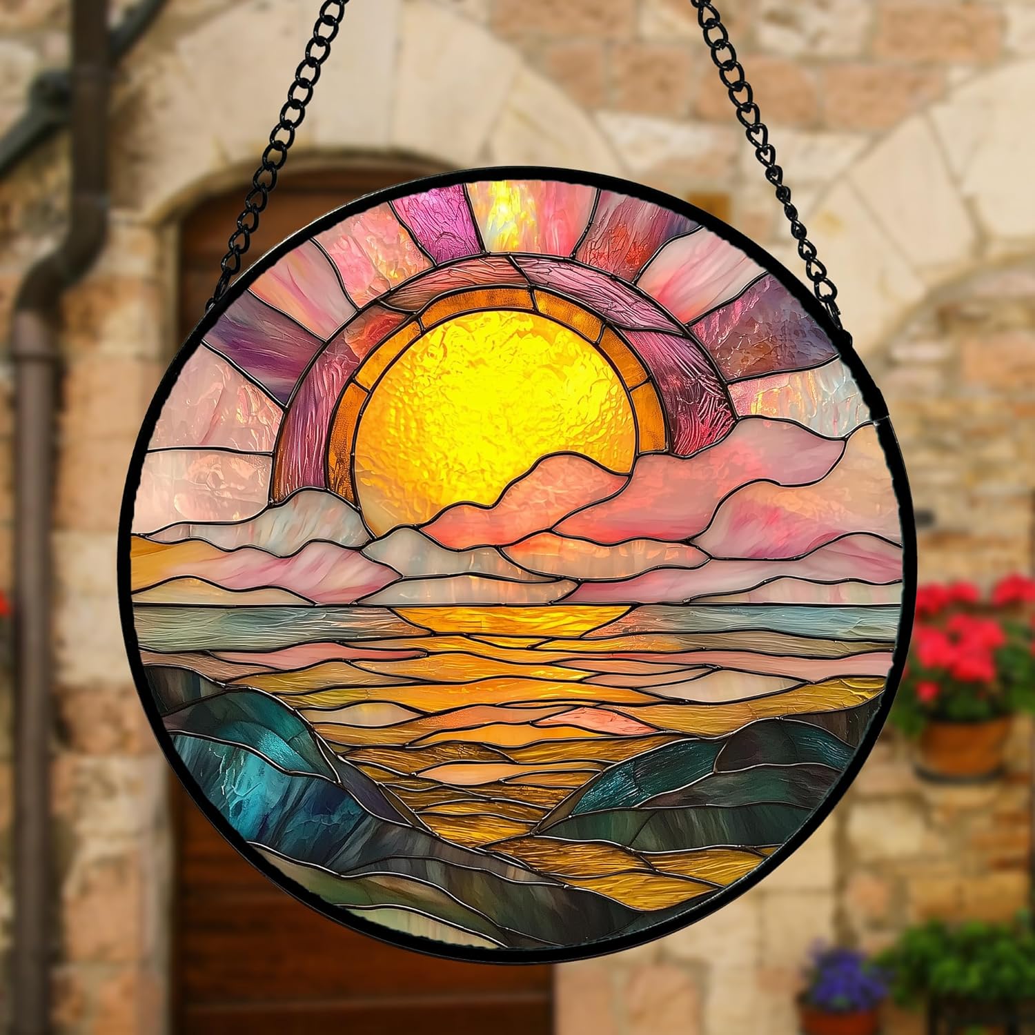 Stained Glass Window Hanging, Sunrise Over The Sea Suncatcher Diamond Glass Panel Hangings Abstract Sun Catchers Decor for Birthday for Women, Men, Wife, Aunt, and Mom 9.8 in