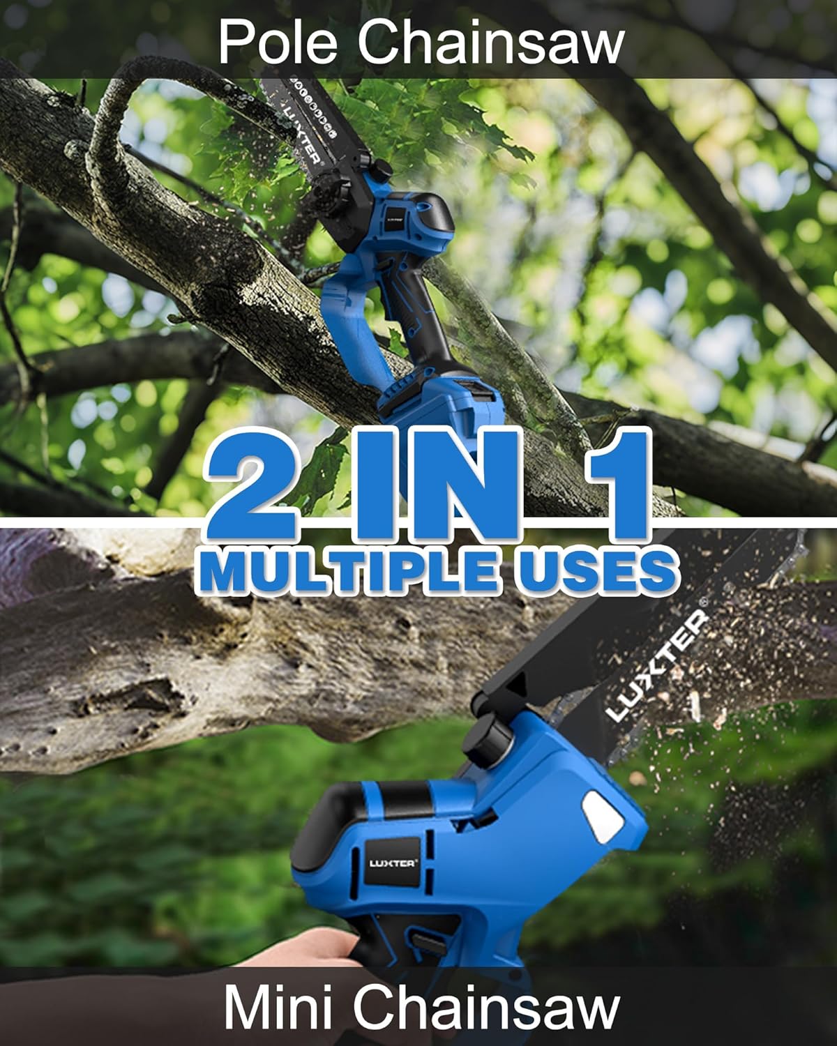 LUXTER 5-in-1 Cordless Pole Saw & Hedge Trimmer Brushless Electric Mini Chainsaw Auto Oiling 15-FT Max Reach Pole Saw for Tree Trimming Trimmer Limb Branch Cutter 2 X 2.0Ah Battery & Charger Include
