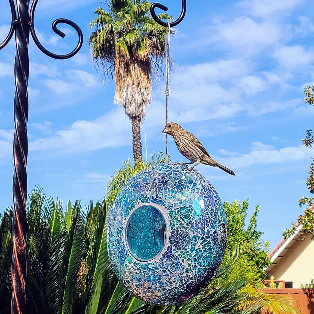 Fly Through Wild Bird Feeder Garden Hanging Bird Feeder Mosaic Circle Squirrel Proof for Outdoor Decoration,Blue