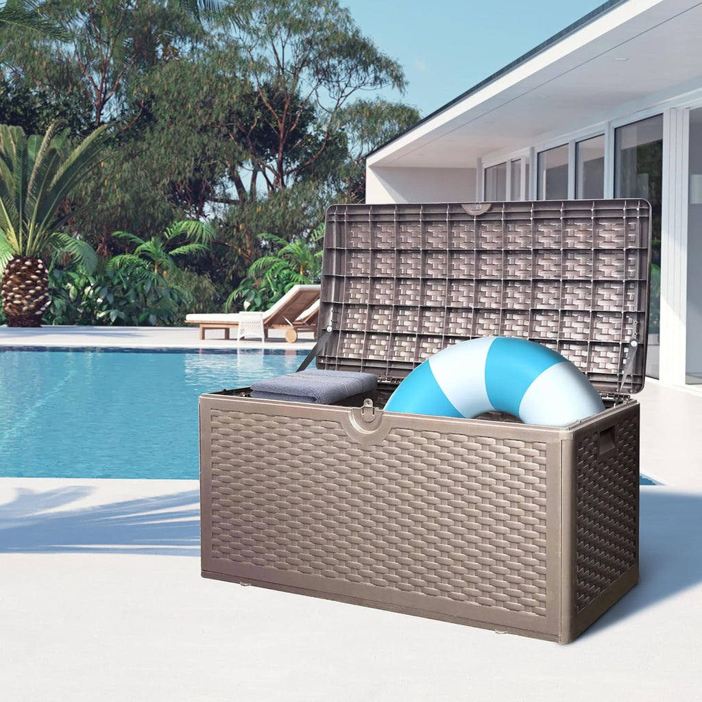 80 Plus Gallon Outdoor Storage Box, Waterproof Resin Deck Box Outdoor Storage Bin for Patio, Poolside, and Garden, Lockable & UV-Resistant, Ideal for Small Spaces, Brown