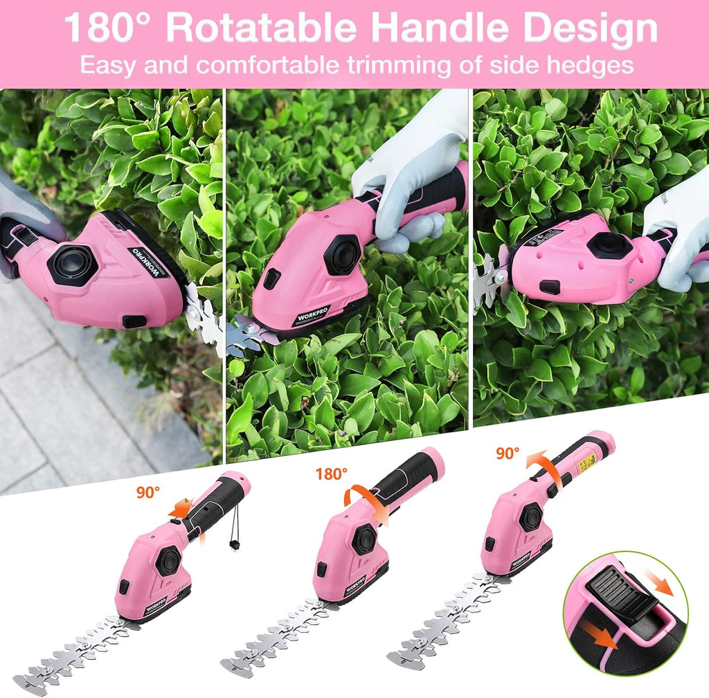 WORKPRO Pink Cordless Grass Shear & Shrubbery Trimmer - 2 in 1 Handheld Hedge Trimmer 7.2V Electric Grass Trimmer Hedge Shears/Grass Cutter 2.0Ah Rechargeable Lithium-Ion Battery - Pink Ribbon