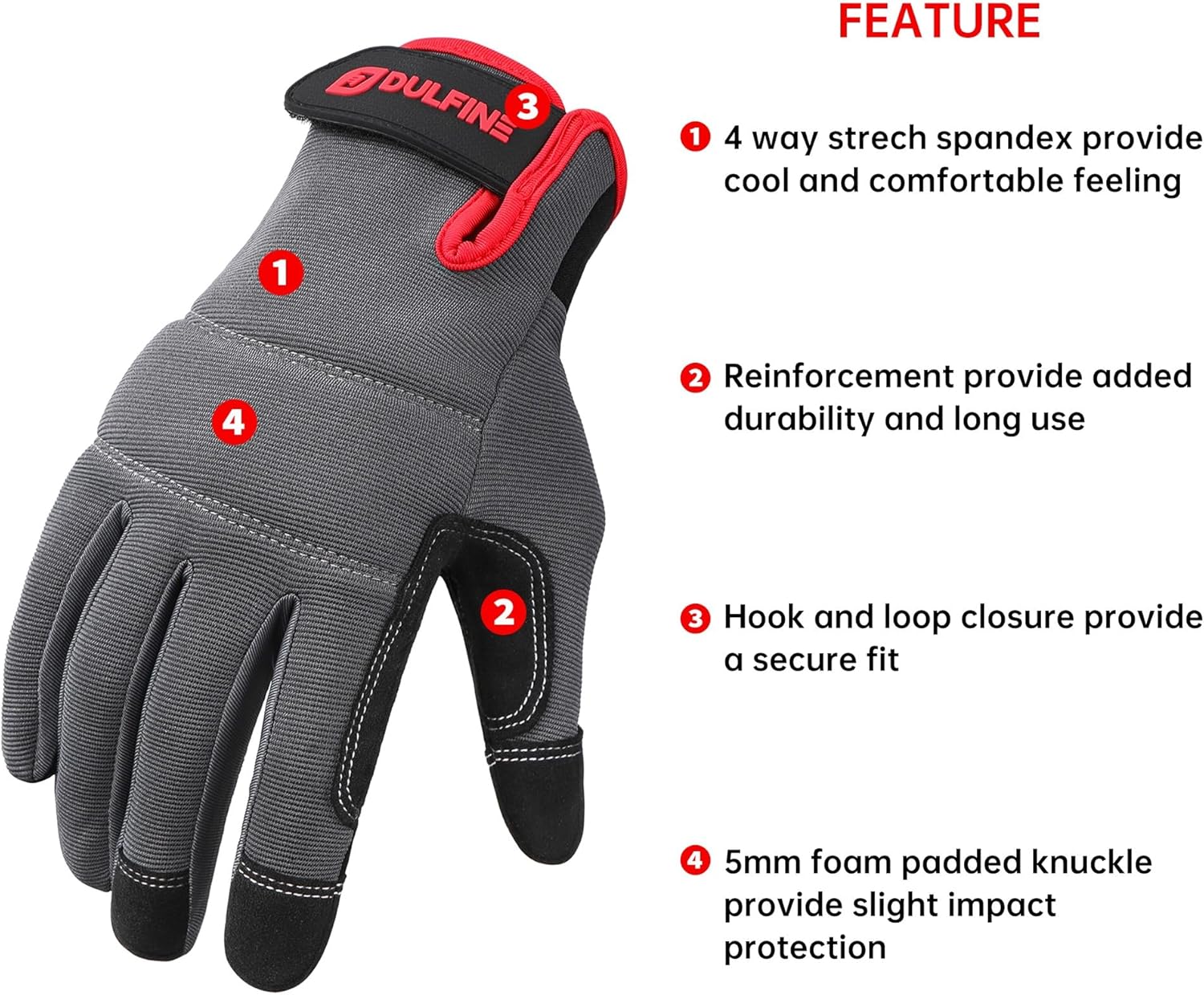 DULFINE Flex Grip Mechanic Work Gloves for Men,Black and Red Utility Safety Working Gloves Touch Screen,Excellent Grip,Ideal for Working on Cars and Outdoor Jobs(Large)