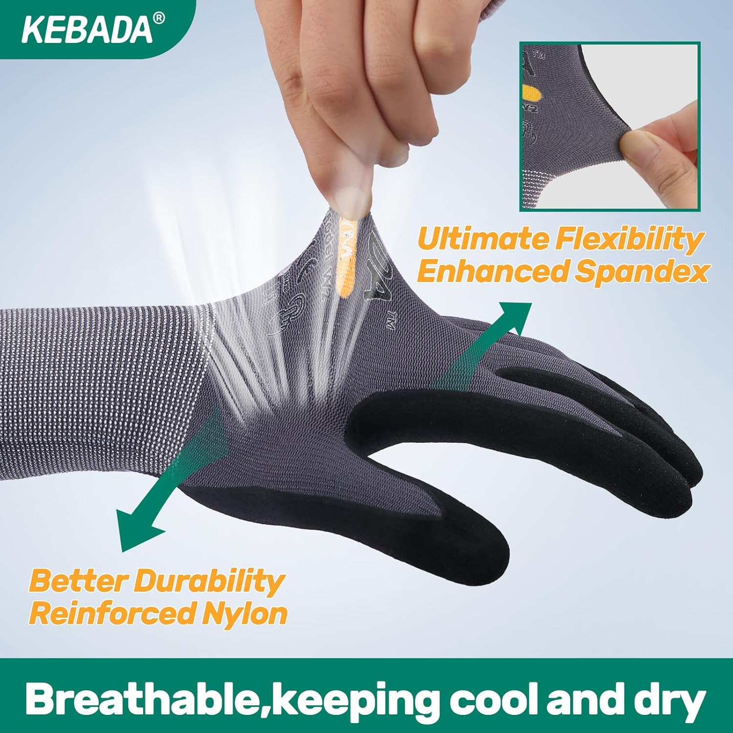 Kebada W2 Safety Work Gloves, Micro-Foam Nitrile Coated Gloves, Touchscreen,Ideal for Package Handling, Gardening, Construction, 1 Pair X-Small