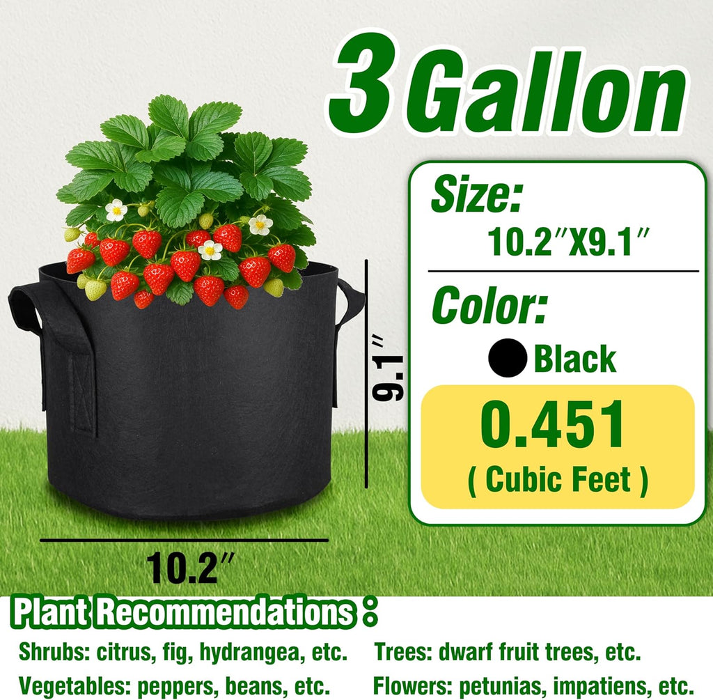 PHYEX 12-Pack 3 Gallon Grow Bags, Heavy Duty Fabric Pots with Handles, Reusable Plant Bags for Vegetable, Herbs & Flowers, BPA-Free, Breathable, Durable