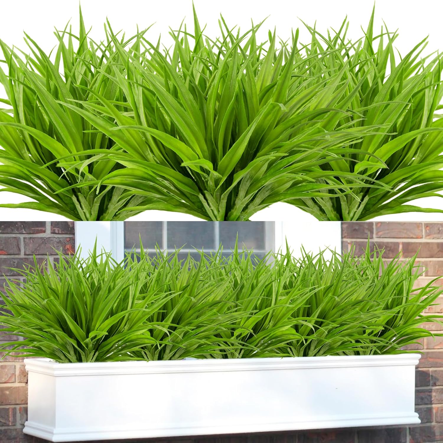 16Pcs Artificial Grass Fake Plants 17.3in 16 Leaves Outdoor Fake Grass UV Resistant Greenery Plastic Plants for Home Window Garden Patio Hanging Planter Pathway Front Porch Décor Green