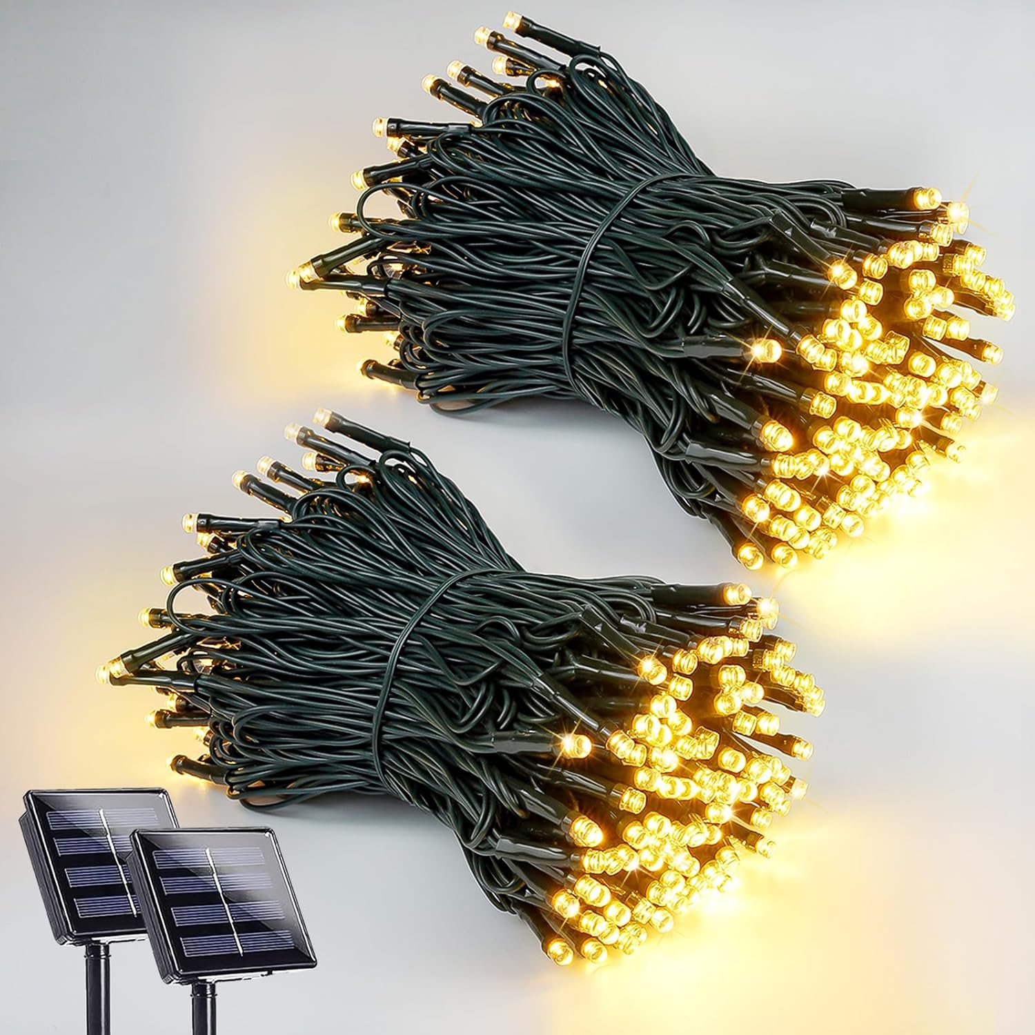 2 Pack 200 LED Solar String Lights for Outside, Solar Christmas Lights Outdoor Waterproof, Solar Outdoor String Light with 8 Lighting Modes for Xmas Tree Wedding Party Garden Decorations (Warm White)