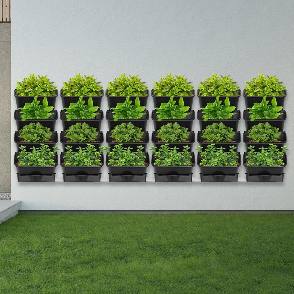 Vertical Wall Planter with 24 Pots, Hanging Garden Plant Flowerpot Holder, Stackable Wall-Mounted Planter, Balcony Planters for Flowers Vegetables Fruits (Black, 24 Pots+6 Drainage Planters&Pipe)