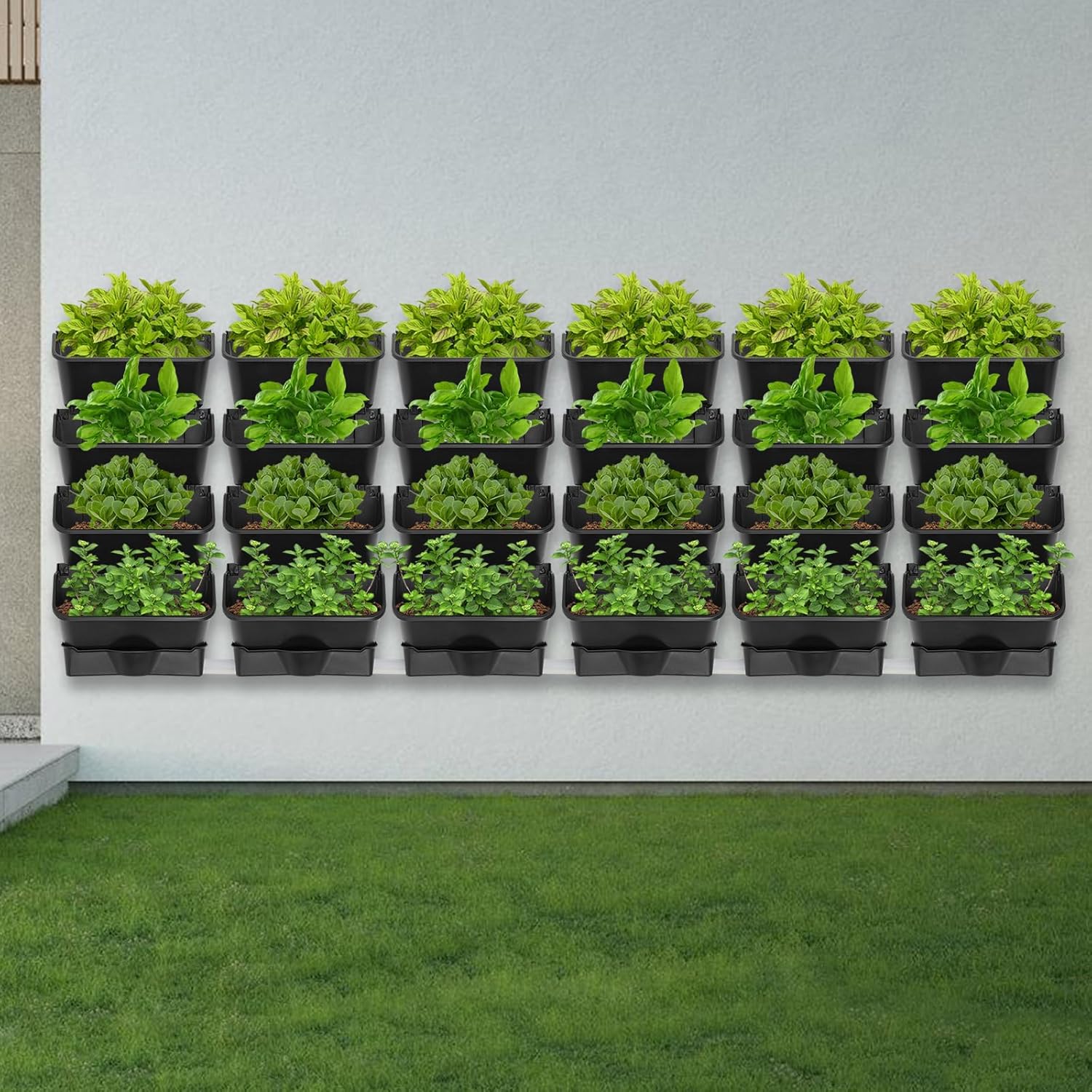 Vertical Wall Planter with 24 Pots, Hanging Garden Plant Flowerpot Holder, Stackable Wall-Mounted Planter, Balcony Planters for Flowers Vegetables Fruits (Black, 24 Pots+6 Drainage Planters&Pipe)