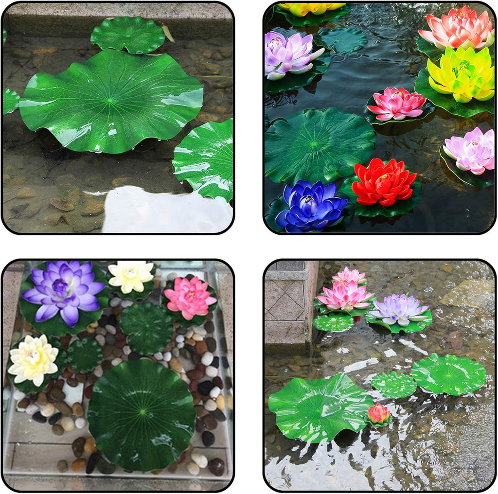 10pcs Floating Foam Lotus Flowers with Artificial Frog Lotus Leaves, Lily Pads for Lake, Artificial Pond Plants Ornaments for Pool Aquarium Water Decoration, Colorful
