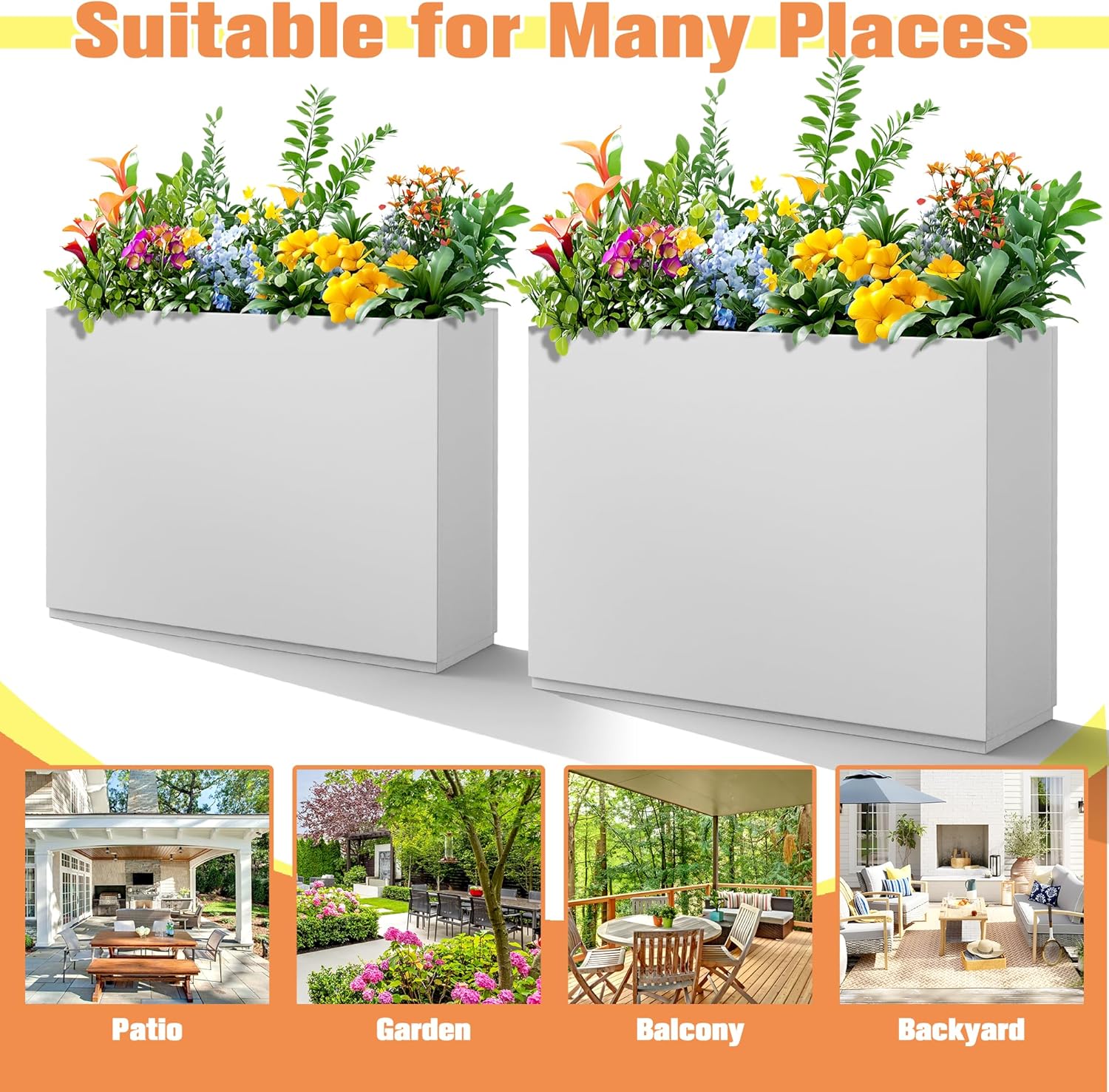 Rectangle Planter for Indoor & Outdoor, Tall and Long Planter Boxes with Drainage Holes, Mental Divider Planter Box All-Weather Use for Plants, Flowers, 35" L x 9" W x 26" H, White