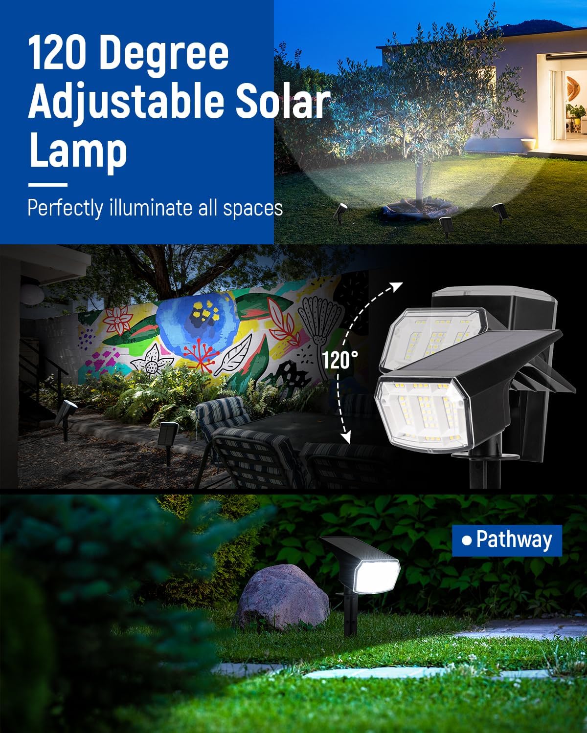 Solar Spot Lights Outdoor Waterproof 2 Pack IP65, 63 LED 3 Lighting Modes Spotlights for Yard Garden House Garage Pathway