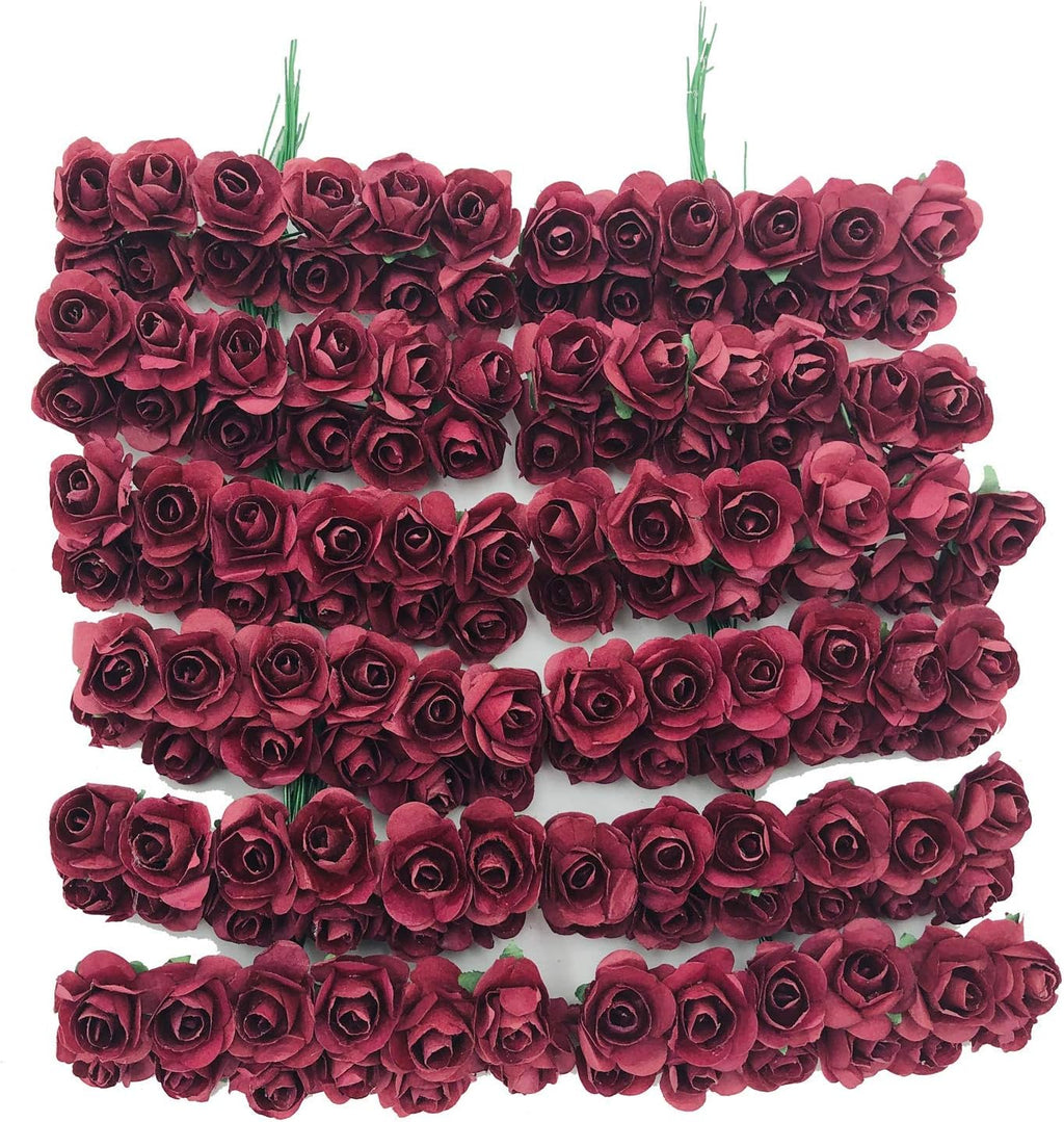 Mini Fake Rose Flower Heads 144pcs Mini Artificial Mulberry Paper Roses Flower with Wire Stem DIY Wedding Flowers Accessories Make Bridal Hair Clips Headbands Dress (Burgundy)