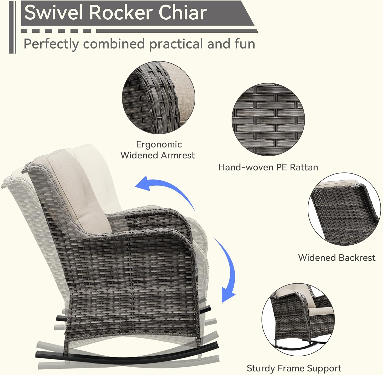 1 PC Outdoor Rocking Chair, Wicker Patio Rocker Chair for Yard, Porch, Mixed Brown Grey Rattan, Beige Cushions