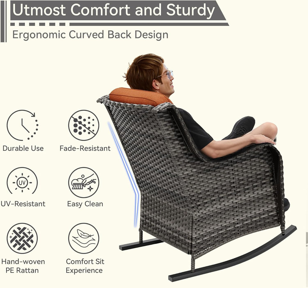 1 PC Outdoor Rocking Chair, Wicker Patio Rocker Chair for Yard, Porch, Mixed Brown Grey Rattan, Orange Cushions