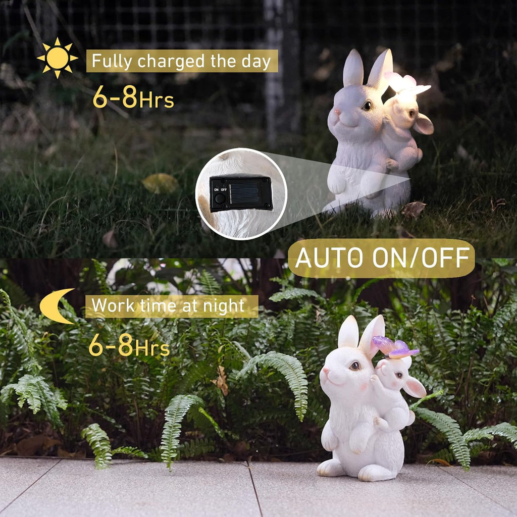 Solar Garden Statues Rabbit with Solar Lights,Mother&Baby Bunny Figurine with Butterfly Changing Lights for Yard Art Garden&Patio Decor,Unique Easter&Birthday Gifts for Women Mom Grandma